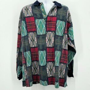 vintage plaid patterned long sleeve 100% cotton L Feldini multicolored holidays